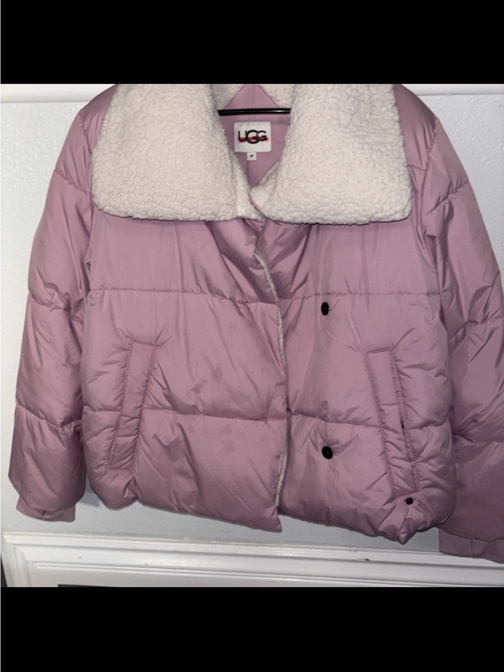 UGG Women's Pink Puffer Jacket with White Sherpa Collar